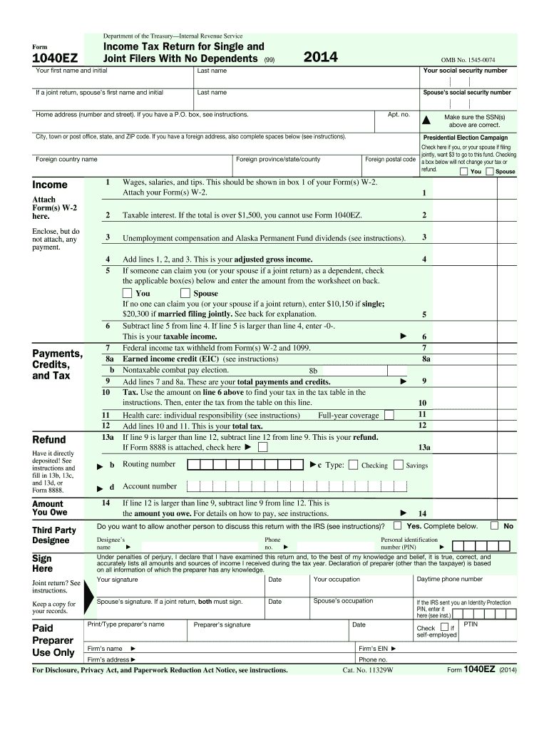 2014 Form IRS 1040 EZ Fill Online Printable Fillable Blank PdfFiller