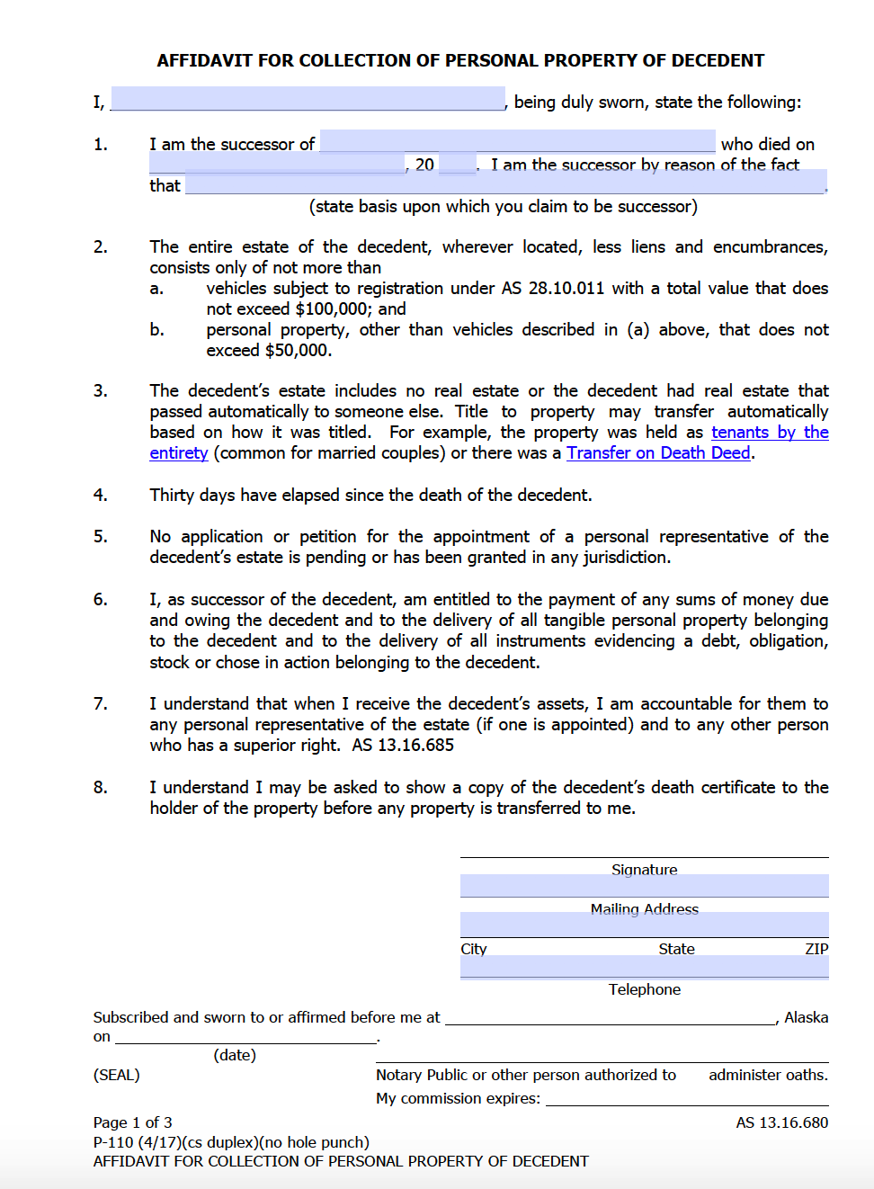 Alaska Small Estate Affidavit Form P 110 Affidavit Forms