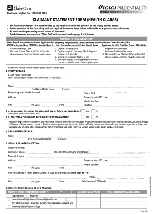 Claimant Statement Form Printable Pdf Download