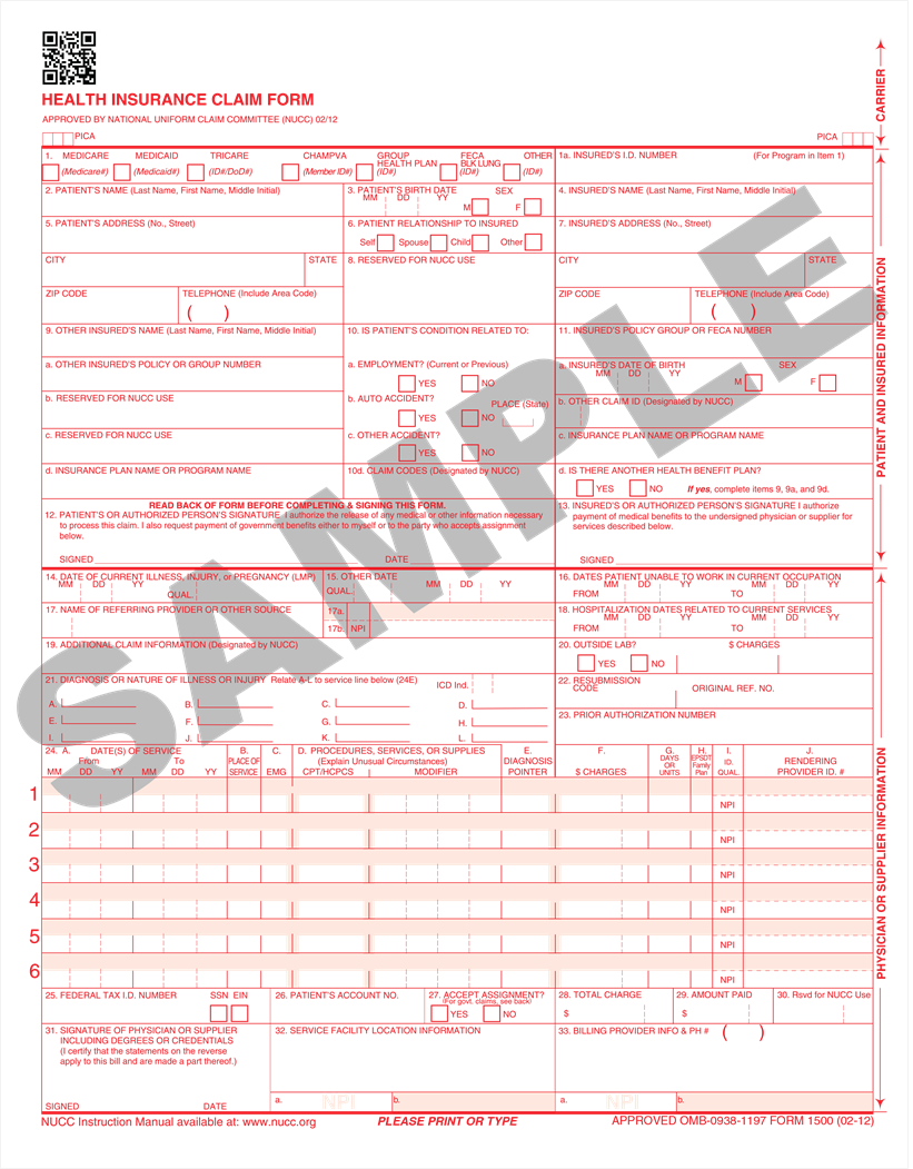 CMS 1500 Claim Forms For Health Care Provider Insurance Billing