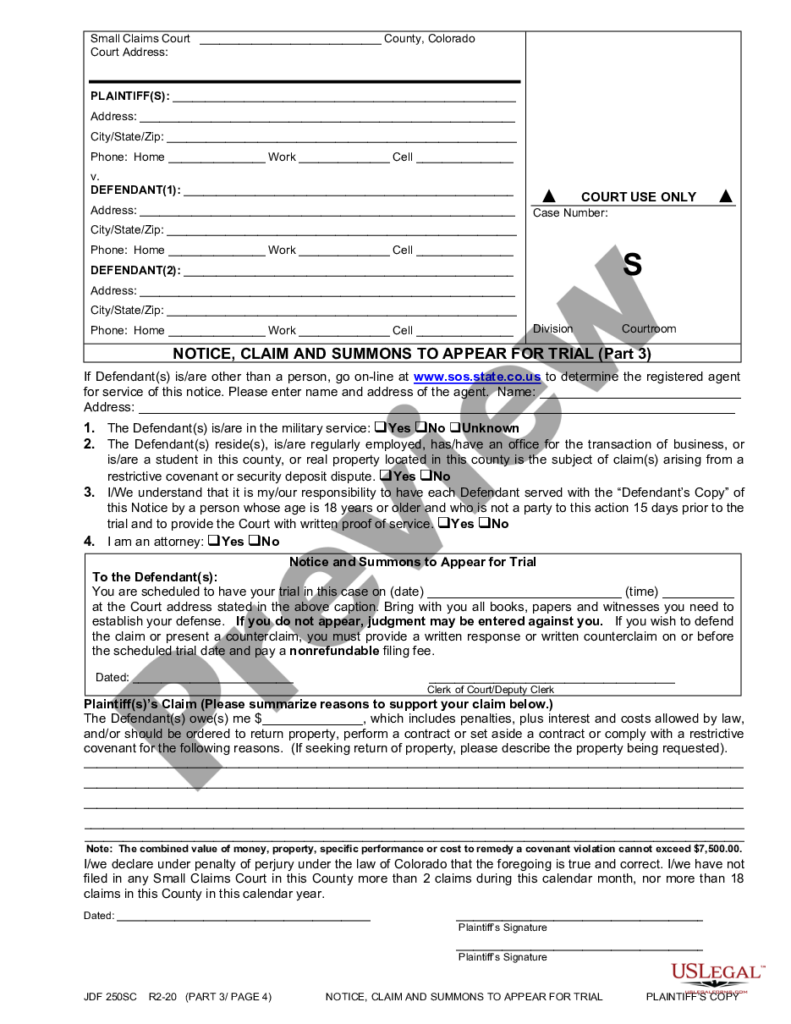 Colorado Notice Claim And Summons To Appear Colorado Notice Claim 