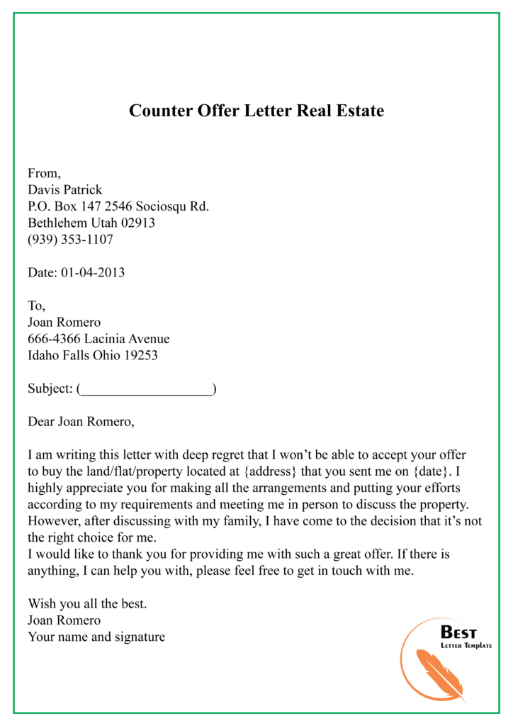 Counter Offer Letter Real Estate 01 Best Letter Template