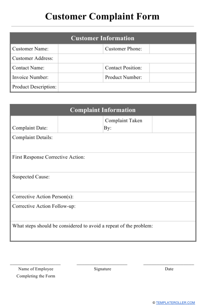 Customer Complaint Form Download Printable PDF Templateroller