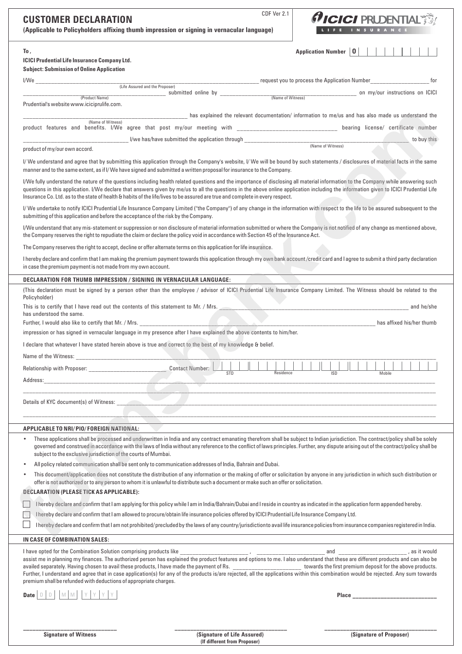 Customer Declaration Form Prudential Life Insurance Printable Pdf 
