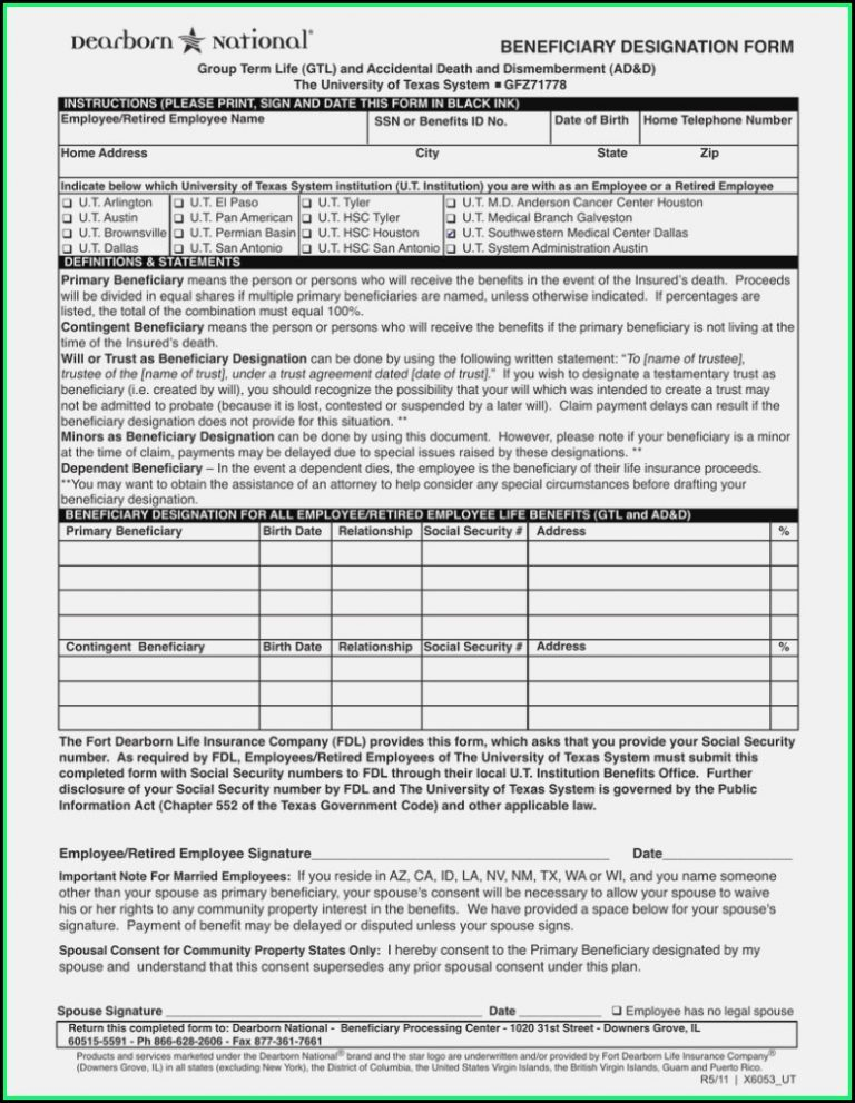 Dearborn National Life Insurance Beneficiary Form Form Resume 