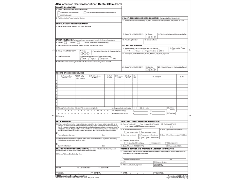 Dental Claim Form Downloadable PDF ADA J430D