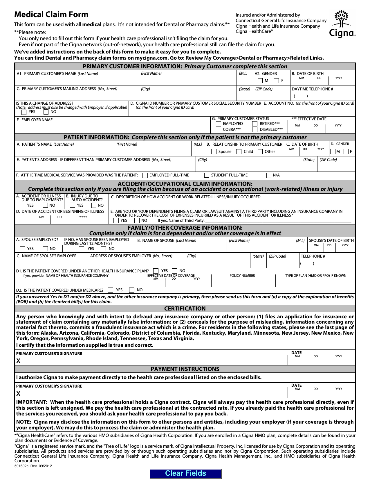 Download CIGNA Medical Claim Form 591692c PDF RTF Word 