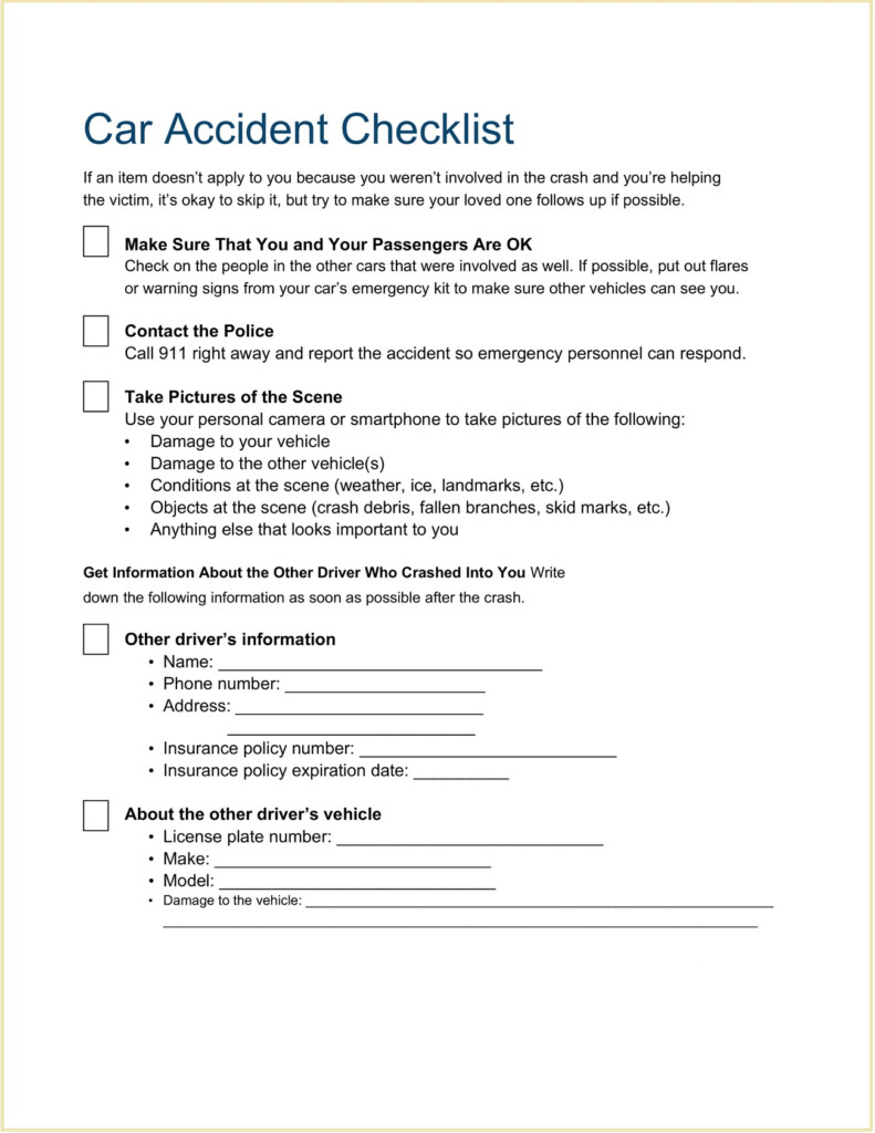 Example Car Accident Checklist Template