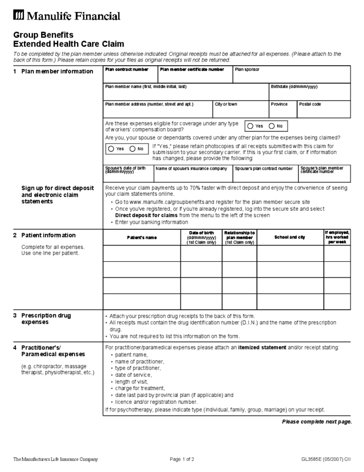 Extended Health Care Claim Form Free Download