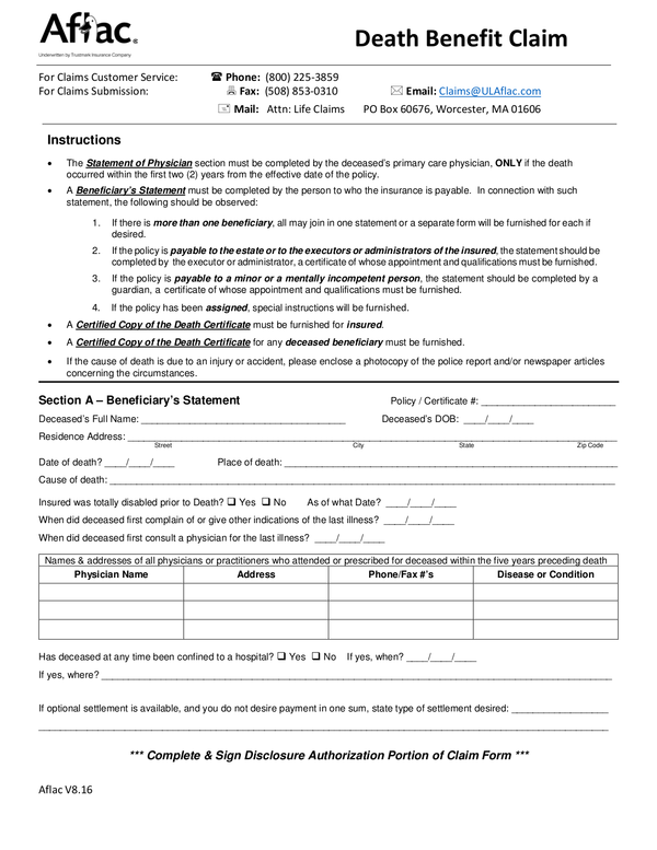 Aflac Accident Insurance Claim Form 8647