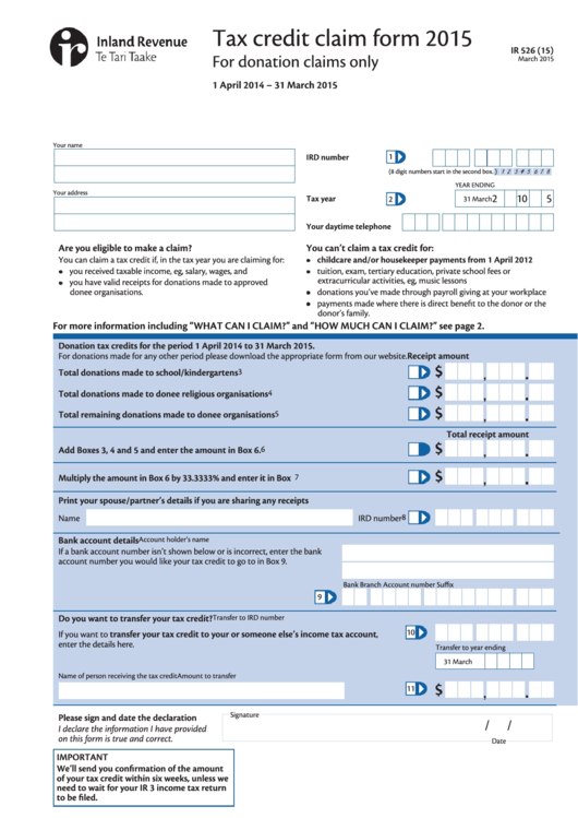 Fillable Form Ir526 Tax Credit Claim Form 2015 Printable Pdf Download