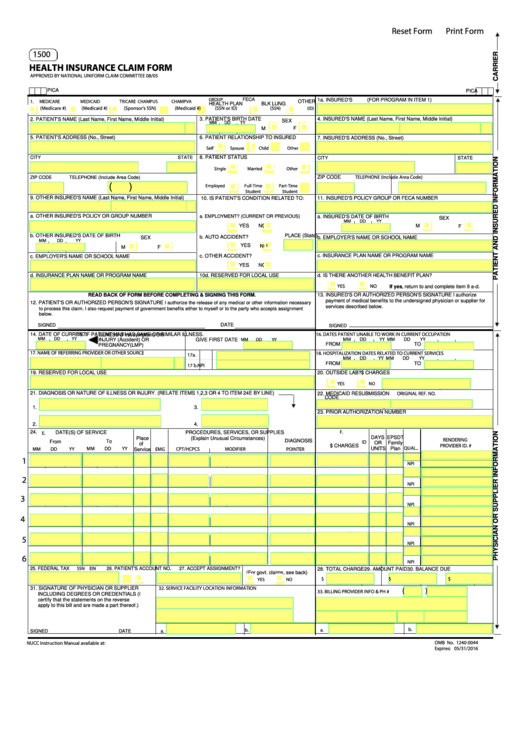 Fillable Form Owcp 1500 Health Insurance Claim Form Printable Pdf