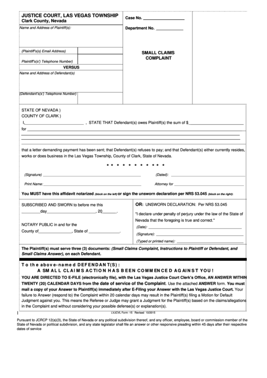 Fillable Lvjcvl Form 15 Small Claims Complaint Printable Pdf Download