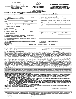 Fillable Online CLAIM FORM American Heritage Life Insurance Company