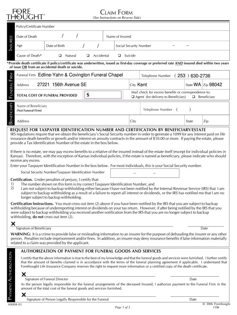 Forethought Life Insurance Claim Form Fill Online Printable 