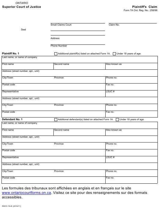 Form 7a Download Fillable PDF Plaintiff 39 s Claim Ontario Canada