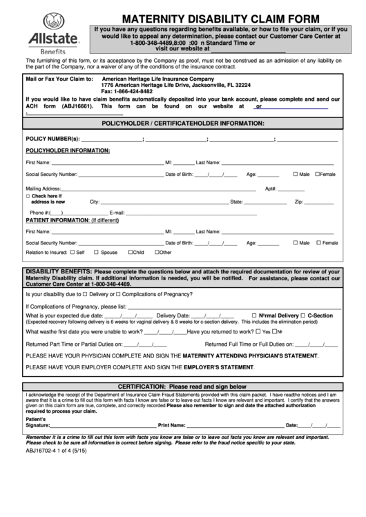 Form Abj16702 4 Maternity Disability Claim Form 2015 Printable Pdf 