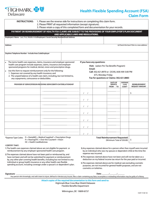 Form Clm 113 Health Flexible Spending Account Fsa Claim Form 