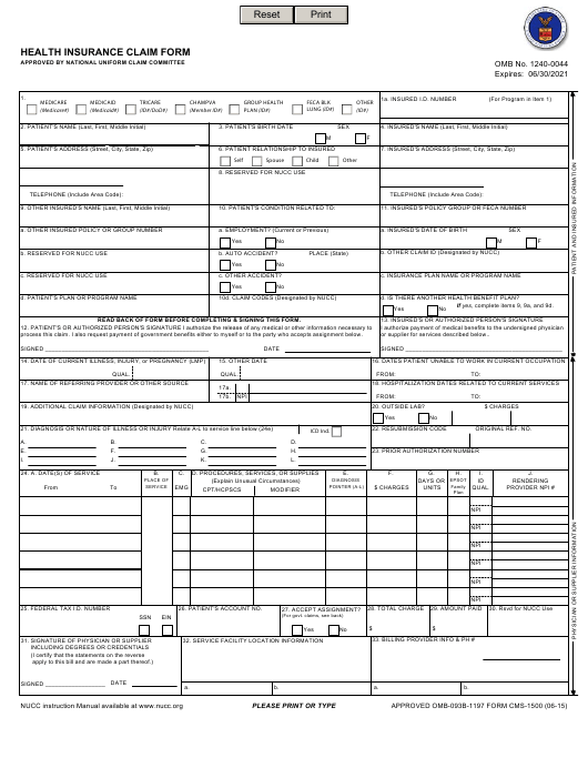Form CMS 1500 Download Fillable PDF Or Fill Online Health Insurance