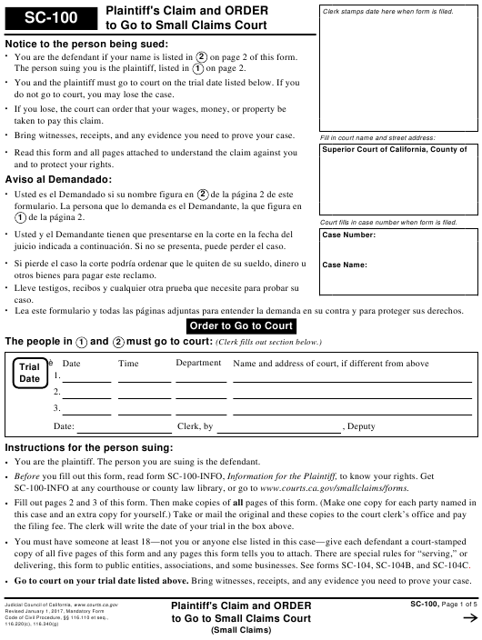 Form SC 100 Download Fillable PDF Or Fill Online Plaintiff 39 s Claim And 