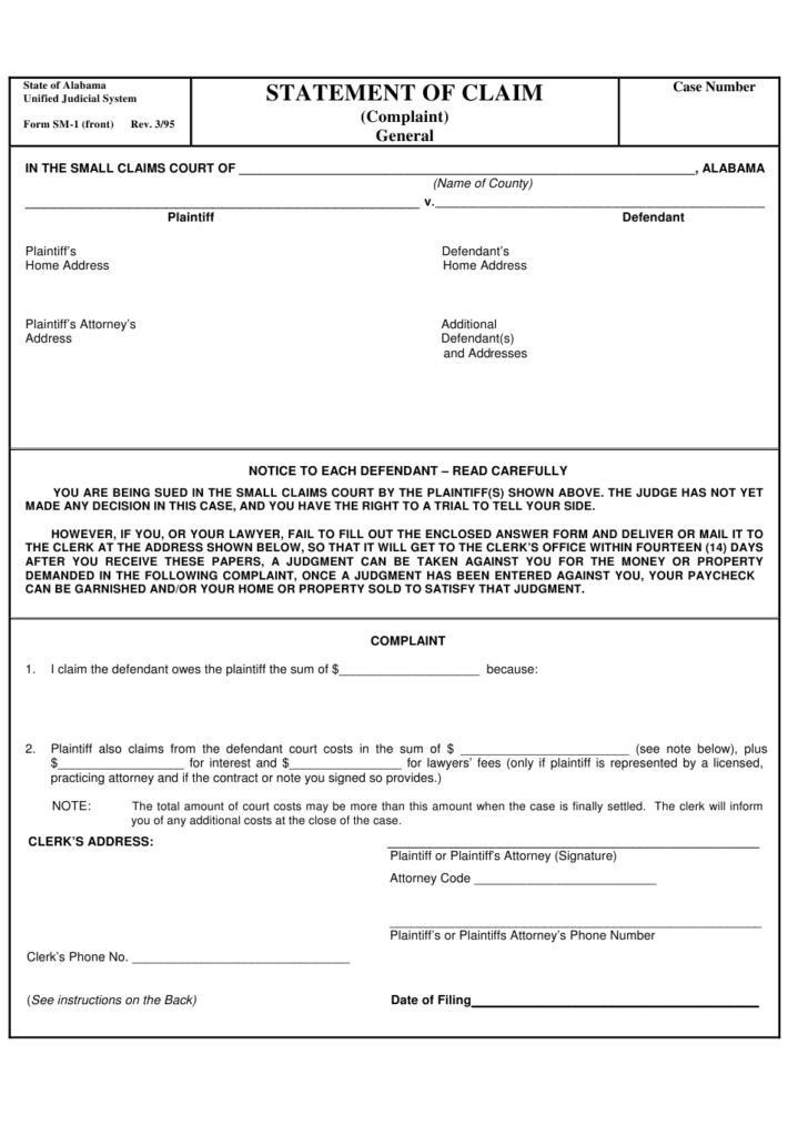 Form SM 1 Download Fillable PDF Or Fill Online Statement Of Claim 