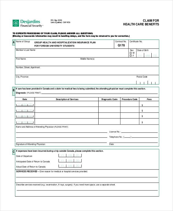 FREE 13 Sample Health Care Claim Forms In PDF Excel MS Word