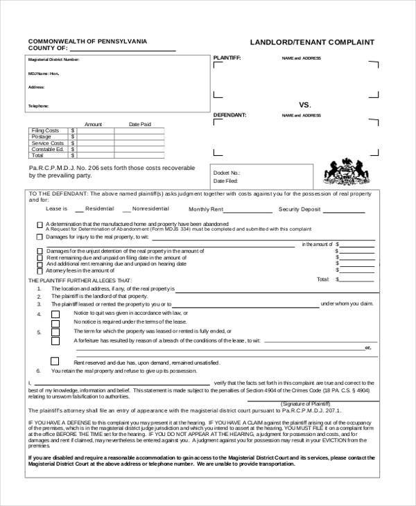 FREE 8 Landlord Complaint Forms In PDF MS Word