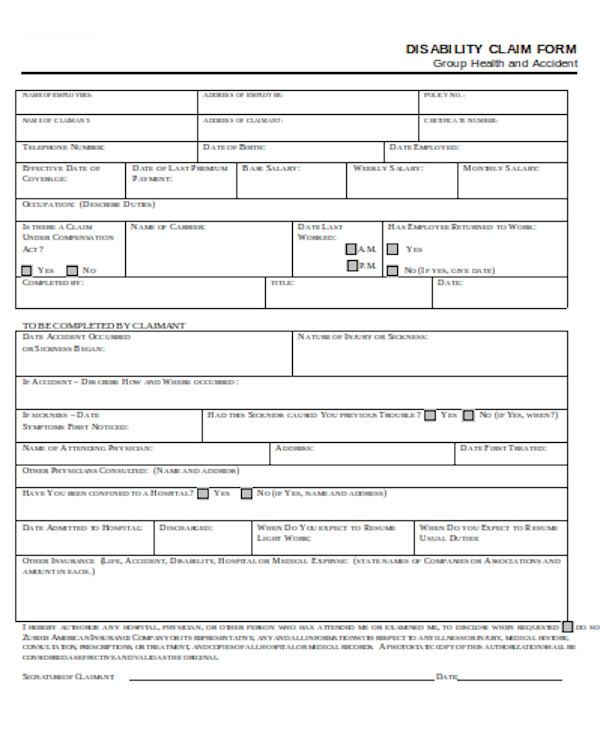 FREE 9 Sample Disability Claim Forms In PDF MS Word