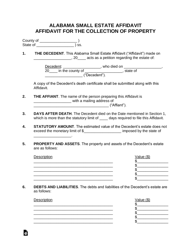 Free Alabama Small Estate Affidavit Form Word PDF EForms