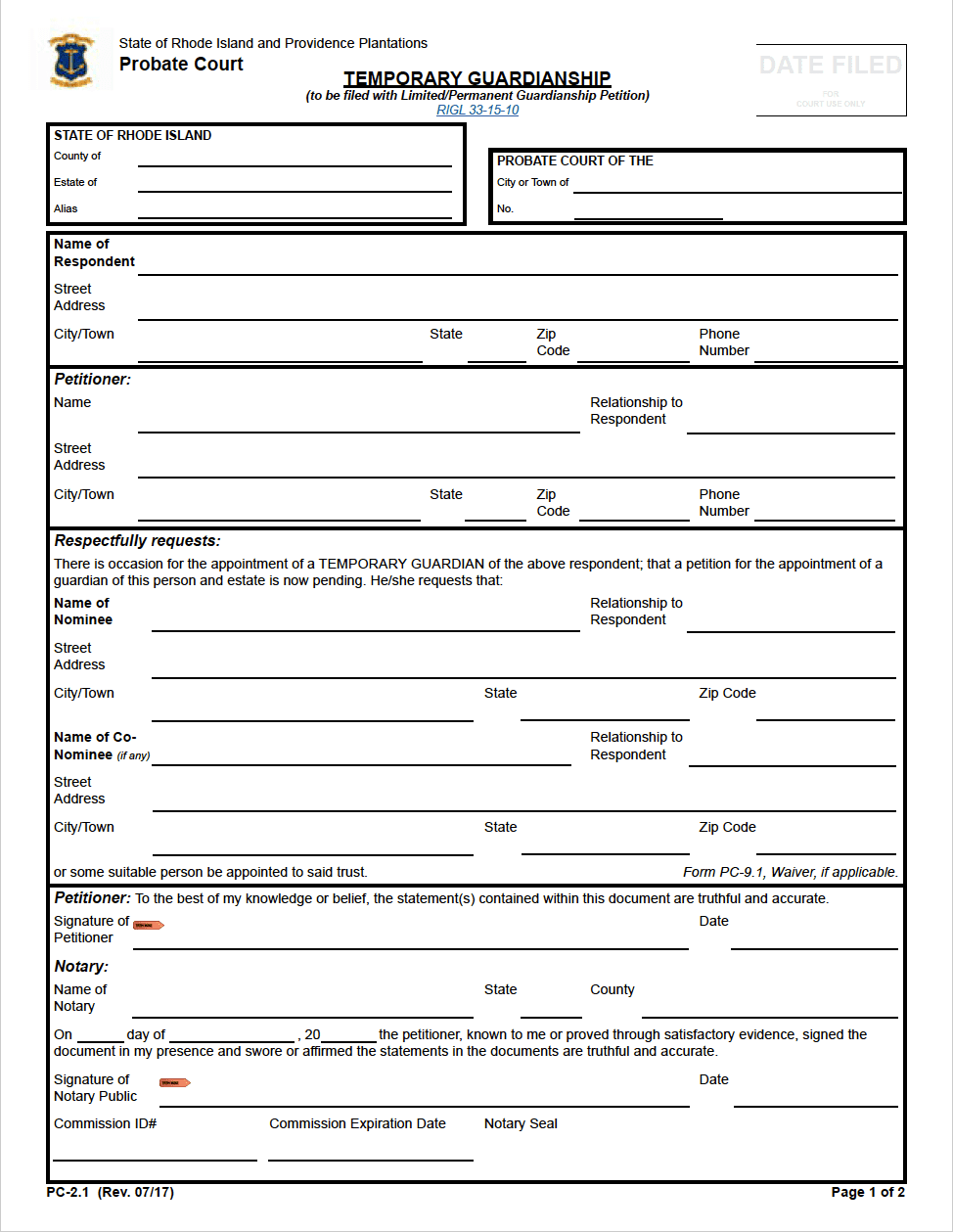 Free Rhode Island Temporary Guardianship Power Of Attorney Form PC 2 1 