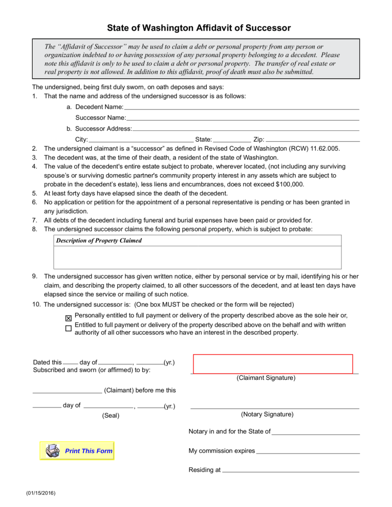 Free Washington Small Estate Affidavit Form PDF EForms