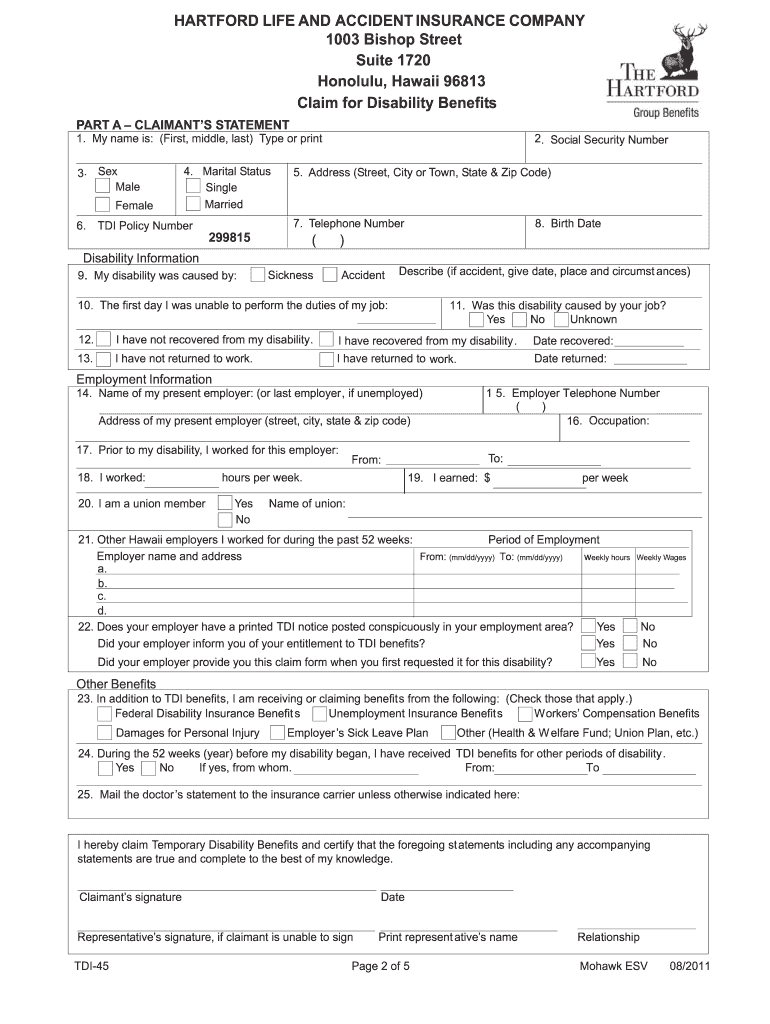 Hartford Tdi 45 Claim Form Fill Out And Sign Printable PDF Template 