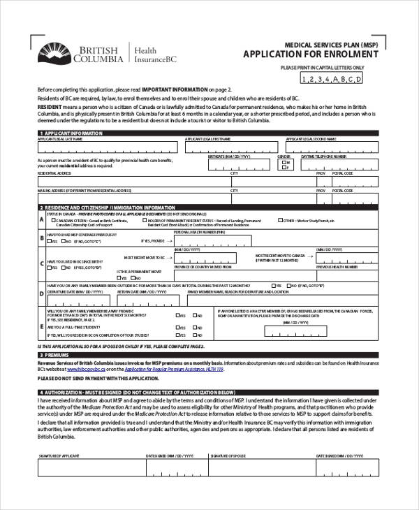 Health Insurance Application Form Insurance