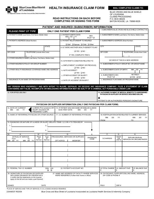 Health Insurance Claim Form Blue Cross And Blue Shield Of Louisiana