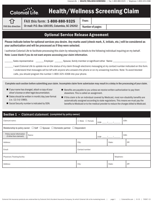 Health Wellness Screening Claim Form Colonial Life Download Fillable 