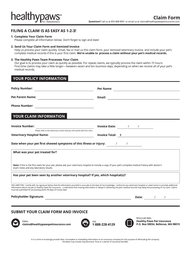 Veterinary Pet Insurance Claim Form - ClaimForms.net