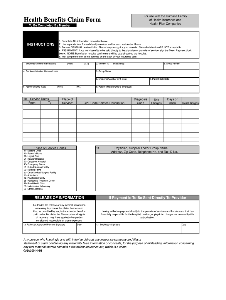 Humana Health Benefits Claim Fill Online Printable Fillable Blank