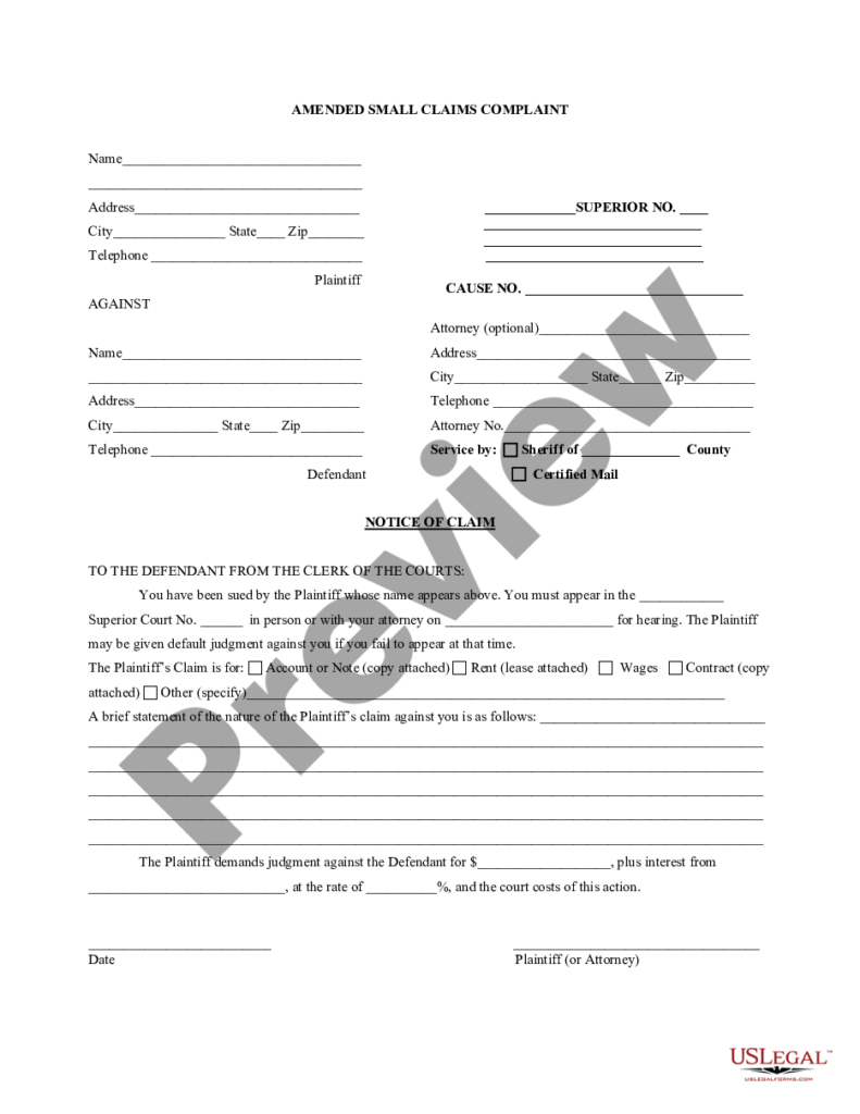 Indiana Amended Small Claims Complaint Civil Complaint US Legal Forms