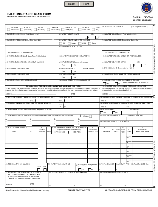 Insurance Billing Form 1500 CMS 1500 Professional Paper Claim Form 