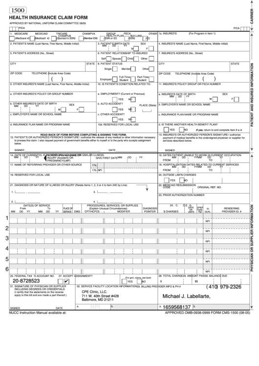 Insurance Claim Form 1500