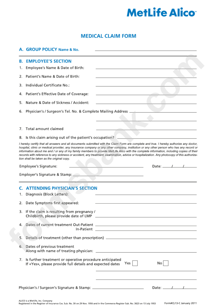 Metlife Alico Medical Claim Form Printable Pdf Download