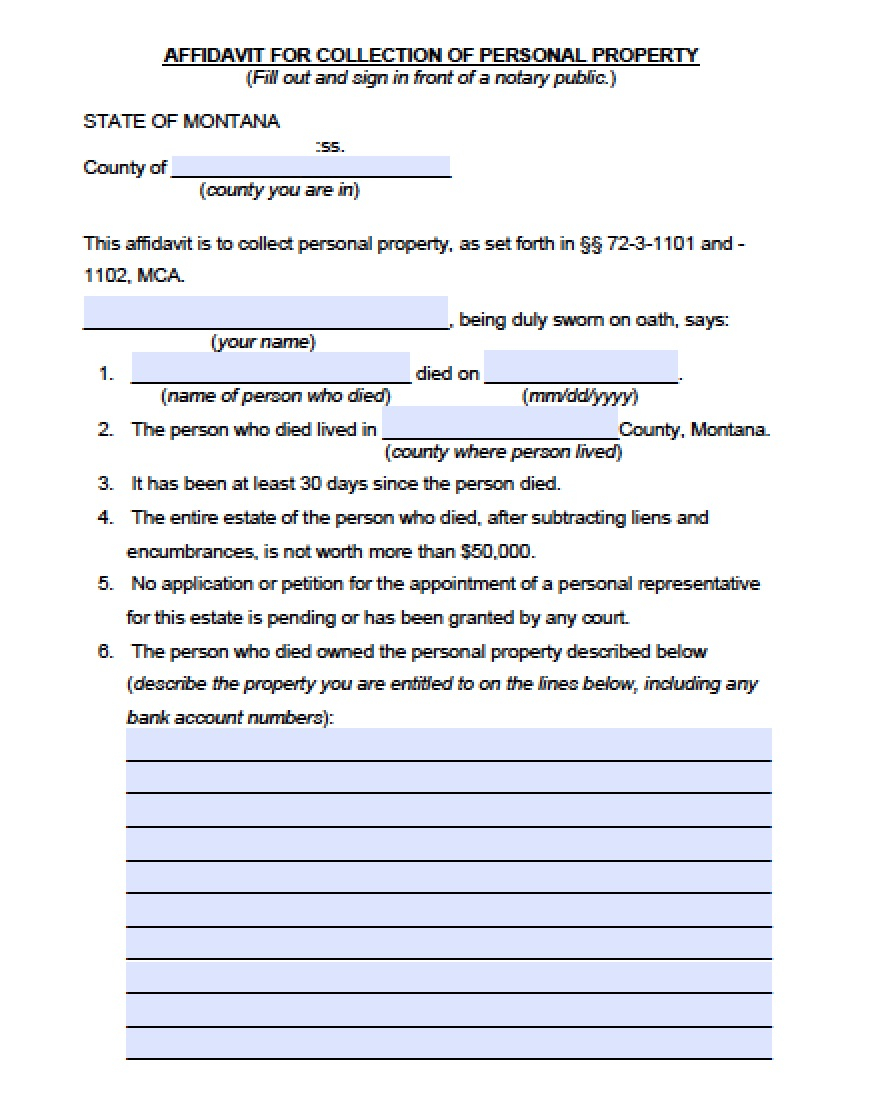 Montana Small Estate Affidavit Affidavit Forms