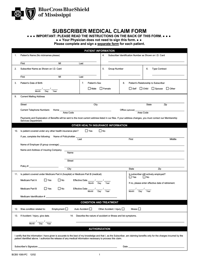 MS BCBS 1090 PC 2002 Fill And Sign Printable Template Online US