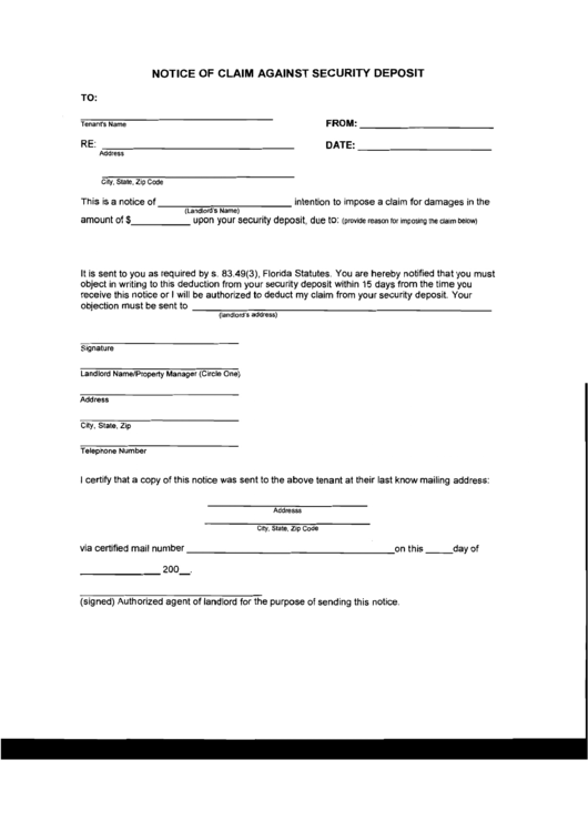 Notice Of Claim Against Security Deposit Printable Pdf Download