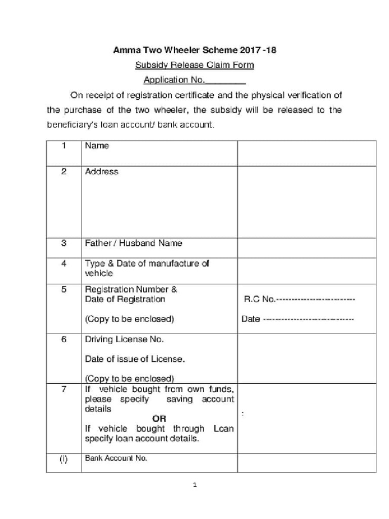  PDF Amma Two Wheeler Scheme Subsidy Claim Form 2020 PDF Download In 