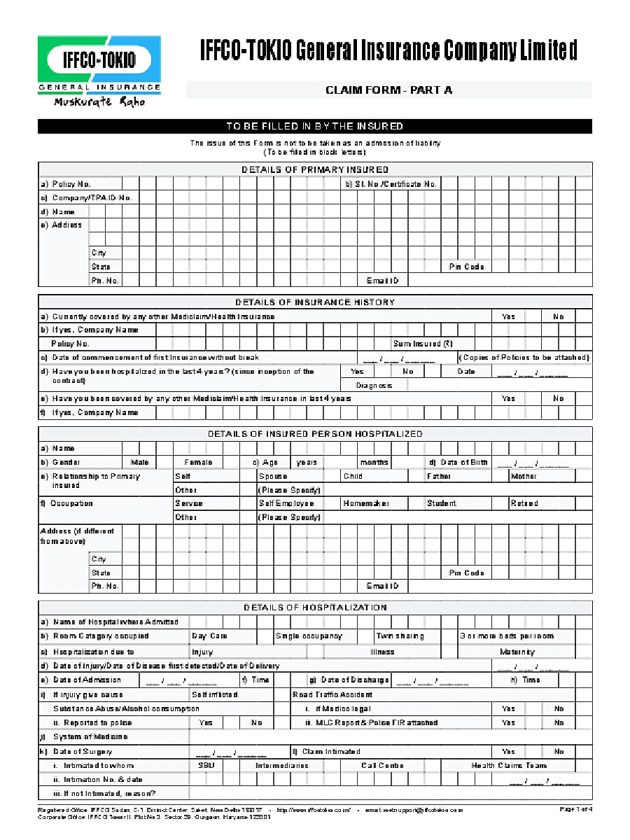  PDF IFFCO Tokio Health Claim Form PDF Download In English InstaPDF