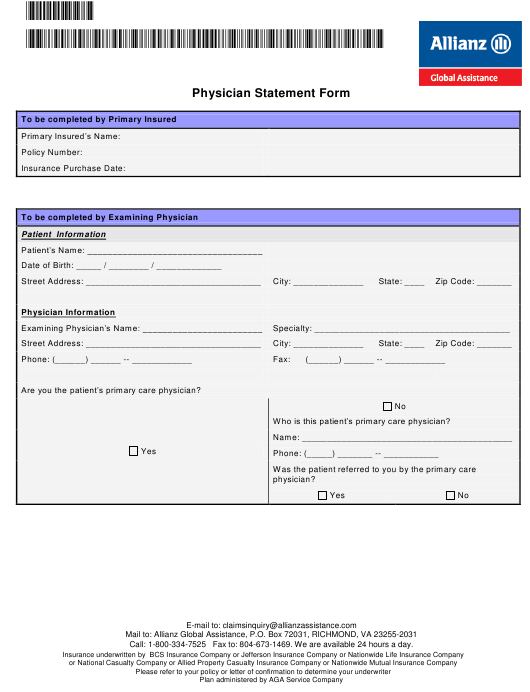 Physician Statement Form Allianz Global Assistance Download Printable