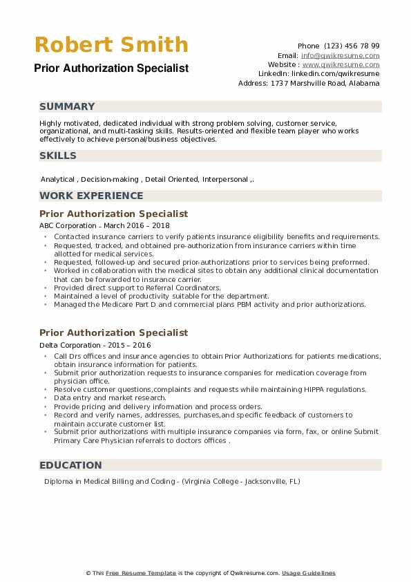 Prior Authorization Specialist Resume Samples QwikResume