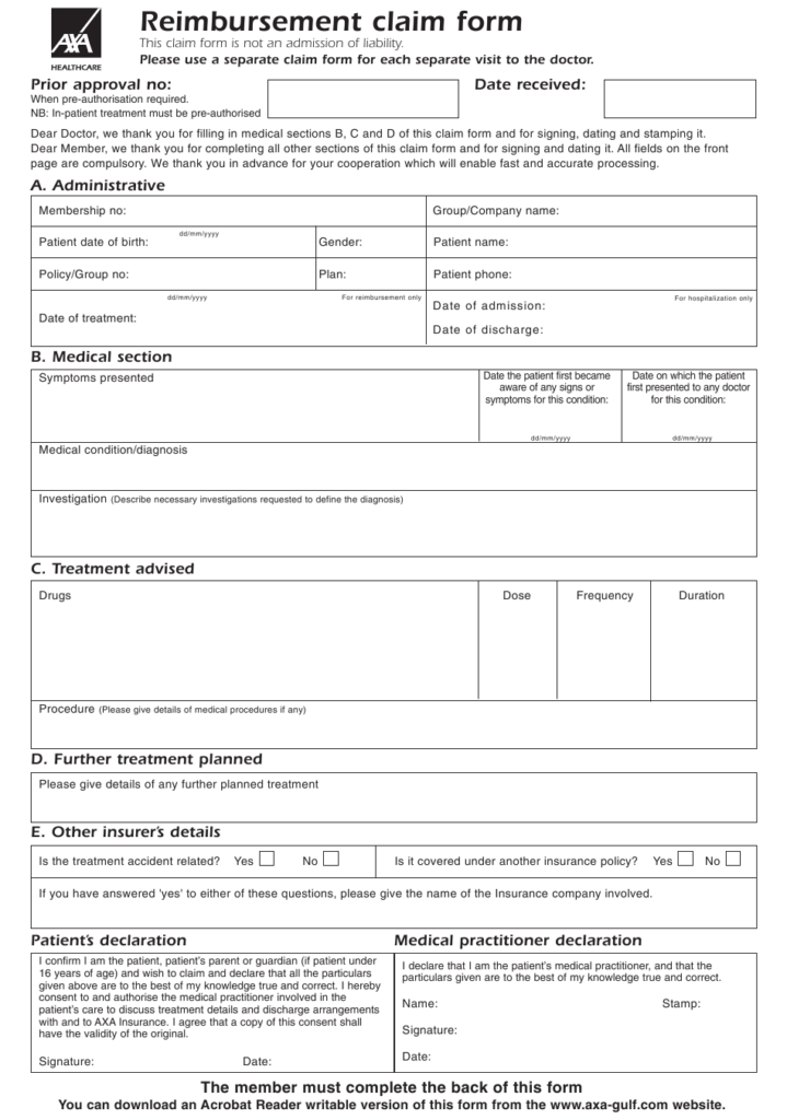 Reimbursement Claim Form Axa Healthcare Download Fillable PDF 