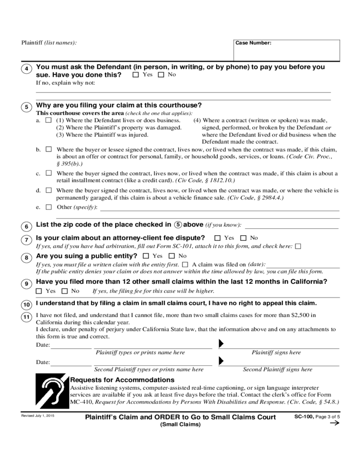 SC 100 Plaintiff 39 s Claim And Order To Go To Small Claims Court Free 